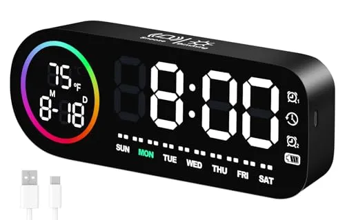 Vinabo Digitaler LED-Wecker mit 7 Farben – Digitaluhr mit Temperaturanzeige, 5 Helligkeitsstufen, doppelter Alarm, Snooze, USB, 12/24 Stunden – beleuchteter Wecker für Kinder & Erwachsene (schwarz)