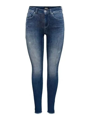ONLY Damen ONLBLUSH Life MID SK ANK RAW REA811 15234798 - Dark Blue Denim - Jeans für Frauen im Skinny Fit mit Mid Waist und Knöchellänge, aus weichem Material für hohen Tragekomfort und optimalen Style.