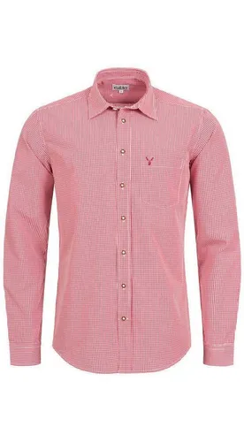 Nübler Trachtenhemd Rudi in Rot – Langarm für Festlichkeiten - Das Trachtenhemd Rudi in Rot von Nübler überzeugt durch seinen Slim-Fit Schnitt und die elegante Hirschstickerei. Ideal für festliche Anlässe, kombiniert es Stil mit Komfort und passt perfekt zu Lederhosen oder Jeans.