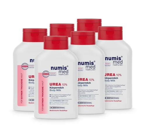 numis med Bodylotion Körpermilch 10% Urea - 6x 300 ml für extrem trockene Haut - Körperlotion für extrem trockene Haut mit 10% Urea, spendet bis zu 48h Feuchtigkeit und schützt vor Austrocknung. Dermatologisch getestet, vegan und frei von schädlichen Inhaltsstoffen.
