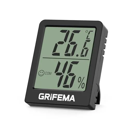 GRIFEMA GA2902B Mini Thermometer, Digitales Hygrometer innen, Kleines Digitales Feuchtigkeitsmessgerät mit Smiley-Indikator, Schwarz