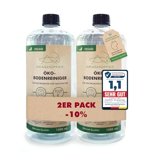 GRASHÜPFER® Öko Bodenreiniger für Wischroboter [TROPISCH] - 2er Set - Spezialputzmittel für Wischroboter, biologisch abbaubar und vegan, sorgt für streifenfreie Reinigung auf Laminat, Parkett und Fliesen, mit fruchtigem Duft und bis zu 80 Anwendungen.