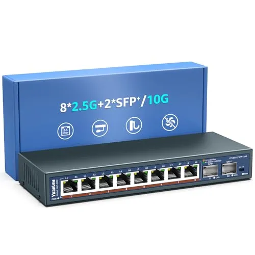10-Port 2,5G Unmanaged Ethernet Switch, 8 x 2,5G Base-T Ports, 2 x 10G SFP, Kompatibel mit 100/1000/2500Mbps, VLAN, Desktop-/Wandmontage, YuanLey 2,5Gbe Netzwerk-Switch für Wireless AP, NAS, PC
