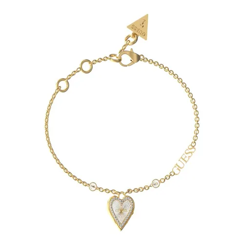 Guess Gliederarmband Love Me Tender Goldfarben - Edelstahlarmband für Frauen, gold ionen-plattiert mit funkelnden Kristallen, 14,6 cm lang (inkl. Verlängerung), ideal für einen eleganten Look.
