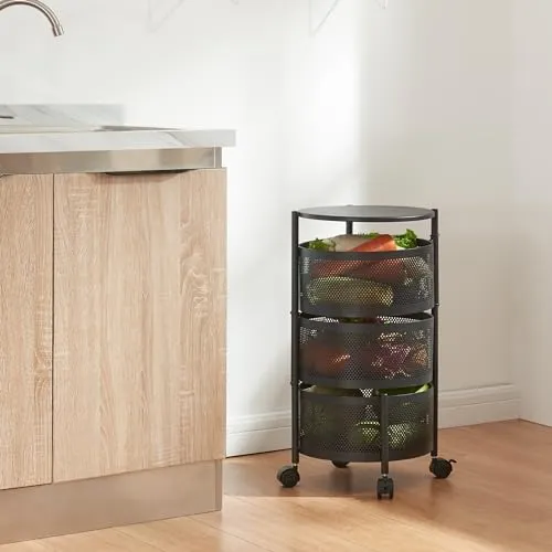 [en.casa] Rollwagen Steigen - Multifunktionales Küchenregal mit 3 Ebenen - Servierwagen mit 3 runden Ablagekörben aus robustem Stahl, ideal für Küche, Bad oder Büro. Mobil dank 4 Rollen, davon 2 mit Feststellbremsen. Perfekt zur Organisation und Präsentation von Lebensmitteln.