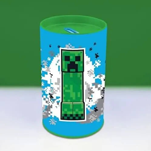 Minecraft Spardose Creeper Moneybox | blau/grün Bedruckt | aus 100% Weißblech, Deckel 100% Kunststoff
