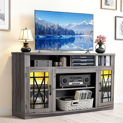 VEVOR TV-Ständer für Fernseher bis zu 65 Zoll, TV Tisch mit Lichtleiste, TV-Schrank aus Holz mit Glastüren & verstellbaren Regalen, Konsolentisch Fernsehschrank für Wohnzimmer Schlafzimmer, Grau