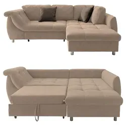 Ecksofa Schlafcouch L-Garnitur mit Bettkasten - Modernes Ecksofa in Hell-Braun mit Schlaffunktion und Stauraum, ideal für Wohnzimmer und Gästezimmer. Die Ottomane rechts bietet zusätzlichen Komfort und Platz.