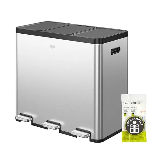 EKO Mülleimer 3 Fächer, 3x20 Liter, Großraum-Abfalleimer mit 3 Inneneimern | inklusive 20 Müllsäcken, Soft-Close und geruchsdicht, Treteimer 60L für Küche, fingerabdruckfreier Edelstahl, Mülltrennsystem