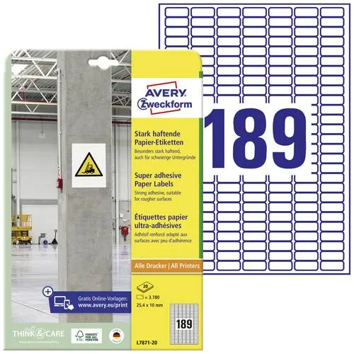 Avery-Zweckform L7871-20 Kraftkleber-Etiketten 25.4 x 10mm Papier Weiß 3780 St. Permanent haftend, Stark haftend