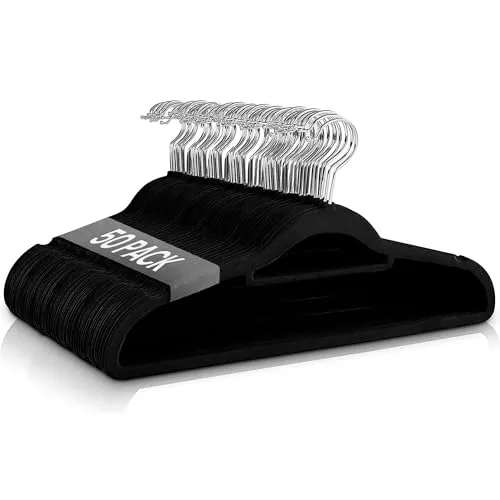 Ediesi, Samt-Kleiderbügel, 50 Stück, schwarz, mit Krawatte, rutschfest, weich, dünn, für Hose, Hemd, Rock, Anzüge (50 Stück, schwarz mit Korbato)