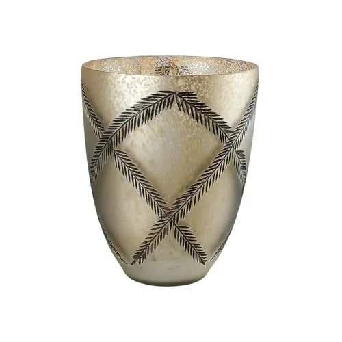 Loberon Windlicht Porcielle, Mundgeblasen, Geschliffene Muster, Milchglas-Optik, Große & Hohe Form, Elegantes Design, Kerzenhalter, Dekoration, Glas, antiksilber