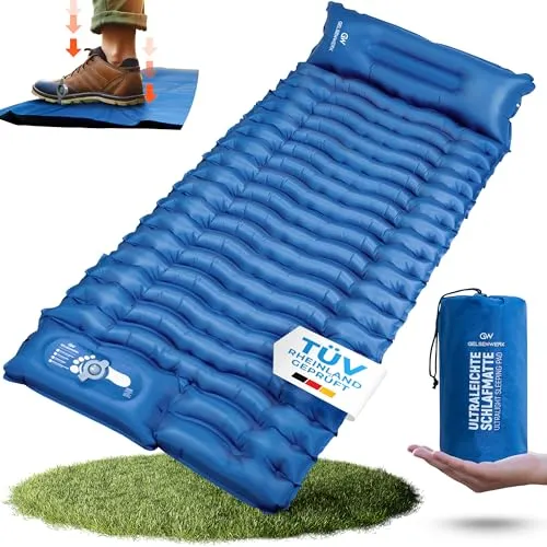 GELSENWERK® Isomatte Camping Ultraleicht 10cm & kleines Packmaß - Camping Luftmatratze mit Fußpumpe & Kopfkissen - Outdoor Schlafmatte isolierend für Wandern & Zelten