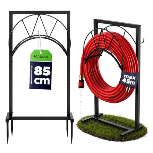 KADAX freistehender Gartenschlauchhalter – 45 x 85 cm aus pulverbeschichtetem Stahl, für bis zu 45 m Schlauch – Schwarz