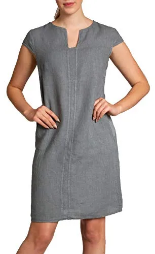Caspar SKL036 Damen Sommer Leinenkleid mit ausgefallenem Ausschnitt, Farbe:grau, Größe:L - DE40 UK12 IT44 ES42 US10