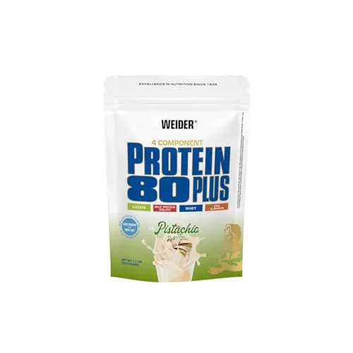 Weider Protein 80 Plus - 4-Komponenten Protein Pulver, 80% Eiweiß - Pistazie - Mehrkomponenten Proteine: Hochwertige Mischung aus Casein, Whey und mehr für optimale Unterstützung deiner Fitnessziele – perfekt für ernährungsbewusste Sportler mit nur 110 kcal pro Shake.