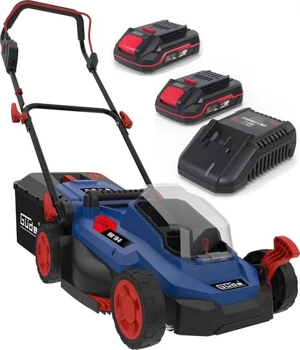 GÜDE City Rasenmäher RM 18/33 18V - Elektrorasenmäher mit bürstenlosem Motor, 33 cm Schnittbreite und 2 Akkus (2.0 Ah) für effizientes Mähen, Sammeln und Mulchen auf kleinen Flächen.
