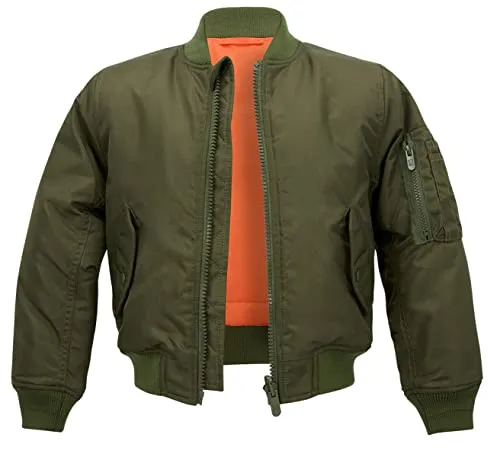 Brandit Kids MA1 Jacket olive Gr. 146/152 - Trendige Kinder-Bomberjacke aus robustem Nylon, wind- und wasserabweisend. Praktische Taschen und elastische Bündchen sorgen für hohen Tragekomfort.