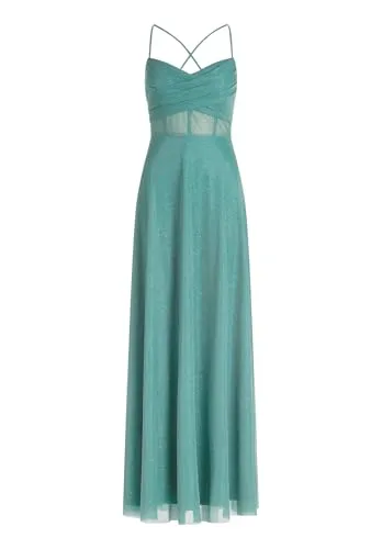 Vera Mont Damen Abendkleid im Glitzer-Look 34, Green/Silver - Elegantes Maxikleid mit glitzerndem Finish und verführerischem Herzausschnitt. Ideal für besondere Anlässe, bietet es eine schmeichelhafte Silhouette und eine individuelle Passform durch den Schnürverschluss.