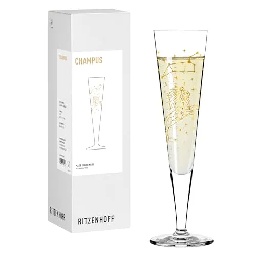 RITZENHOFF Champagnerglas 200 ml - Sternzeichen Löwe mit Echt-Gold - Elegantes Champagnerglas für besondere Anlässe, gefertigt in Deutschland. Das goldene Design spiegelt die Eigenschaften des Löwen wider und macht es zum idealen Geschenk für Löwen-Geborene. Handwäsche empfohlen.