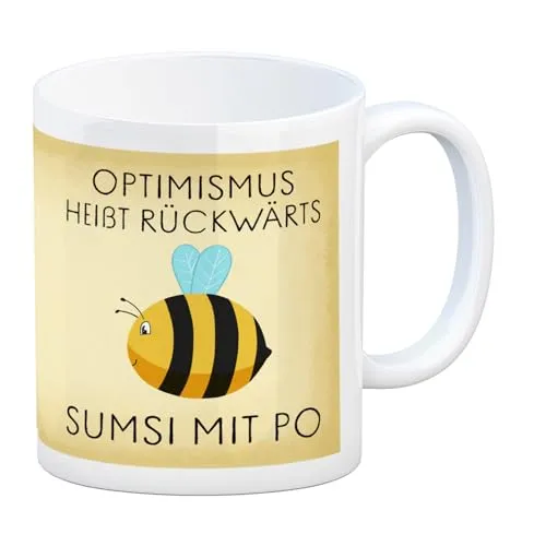 speecheese Optimismus heißt rückwärts Sumsi mit Po Biene Kaffeebecher mit Spruch lustige Kaffeetasse mit witzigem Spruch und Bienenmotiv zur Motivation