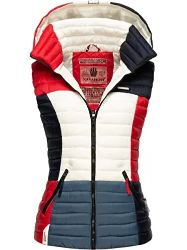 Navahoo Damen Steppweste Shadaa mit Abnehmbarer Kapuze - Funktionsjacken, modische und leichte Steppweste im Colourblocking-Stil, ideal für die Übergangszeit mit wasserabweisendem Material und abnehmbarer Kapuze.