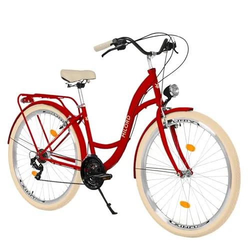 MILORD Damenfahrrad Citybike Komfort Hollandrad 28 Zoll (Rot) - Robustes Damenfahrrad mit 21-Gang-Kettenschaltung für komfortable Fahrten in der Stadt. Ideal für Pendler und Freizeitfahrer. 90 % vormontiert für schnellen Einsatz!