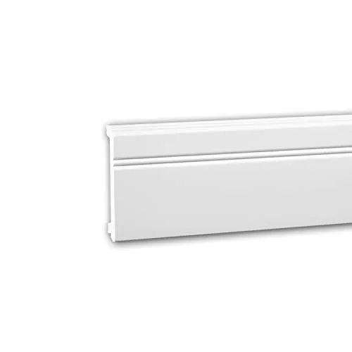 Profhome Sockelleiste 653103 200 cm x 1,5 cm x 11,0 cm aus extrudiertem Polystyrol (XPS) klassisch abgerundet mit Kabelkanal vorgrundiert