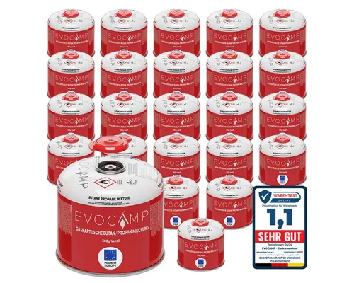 EVOCAMP Gaskartusche Butan Propan 300g - Ideal für Weber Q100/1200 - Gaskartusche für Grill und Kochen, 300g mit Schraubventil, ideal für Abflammgeräte und Gaskochgeräte, sicheres Entnahmeventil verhindert Gasaustritt.