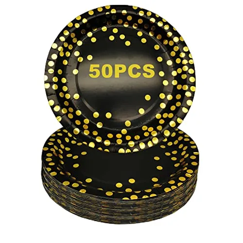 CEILIWEN Schwarz und Gold Partyteller, 50 Stück 7 Zoll Partygeschirr Geschirr, Einweg-Pappteller, Partyzubehör für Geburtstagsdekorationen, 50 Stück