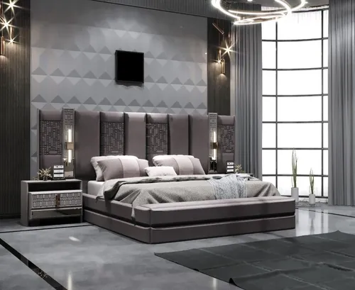 Luxuriöses modernes Schlafzimmer-Set in Grau mit Beleuchtung, 3-tlg - Elegantes 3-teiliges Schlafzimmer-Set in Grau, ideal für stilvolles Wohnen. Enthält ein modernes Polsterbett und zwei Nachttische, perfekt für eine gemütliche Atmosphäre.