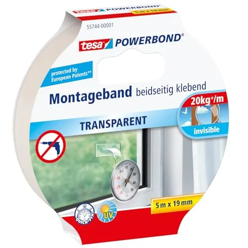 tesa Powerbond Montageband Transparent - doppelseitiges Klebeband - durchsichtiges Montage-Klebeband - transparent, 5 m x 19 mm, 1 Rolle