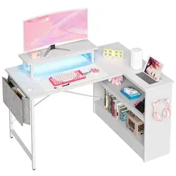 L-Form Büro Schreibtisch 107cm mit Monitorständer & Licht in weiß von Bestier