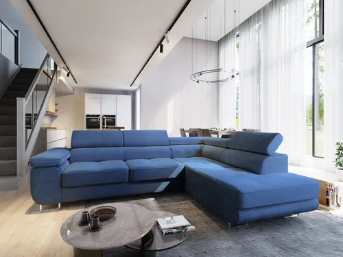 Masseno Ecksofa APIRO R-S mit Schlaffunktion und Bettkasten - Blau - Ecksofa mit eleganter L-Form, Schlaffunktion und praktischem Stauraum für Bettzeug, ideal für Gäste und kleinen Wohnraum.