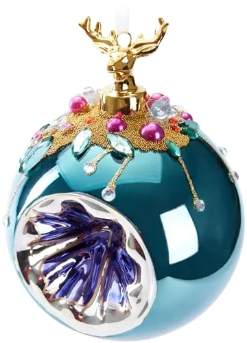 BRUBAKER Premium Weihnachtskugel Blau mit Hirsch Figur - 10 cm Christbaumschmuck mit Perlen Dekorationen - Von Hand dekorierte Baumkugel aus Glas - Weihnachtsdeko Christbaumkugel