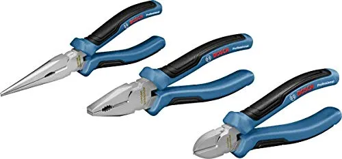Bosch Zangenset 1600A016BG, Professional, 3 Zangen - Zangen-Sets mit ergonomischem Design für bis zu 30% weniger Krafteinsatz. Inkl. Kombizange, Diagonal-Seitenschneider & Spitzzange, ideal für präzise Arbeiten.
