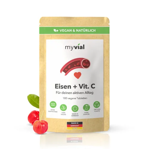 Eisen + Vitamin C (Acerola) - 180 Tabletten vegan - 6 Monate Vorrat - 20mg Eisen