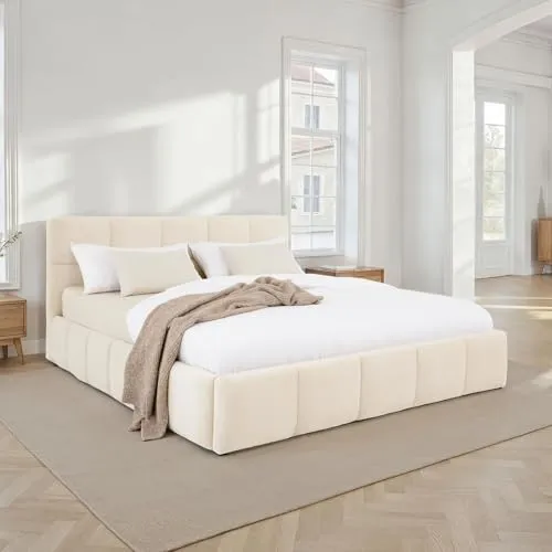 IDIMEX Polsterbett Cloud 180 x 200 cm – modernes Doppelbett in Cremeweiß mit Samtbezug - Gemütliches Betten für erholsamen Schlaf: Inklusive Lattenrost und gepolstertem Kopfteil, ideal für stilvolle Schlafzimmer.