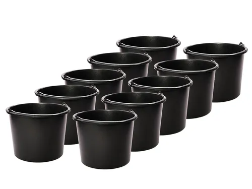 Baueimer - schwarz - 10er SET - 12 Liter mit Metallbügel, Griffrolle und Literei