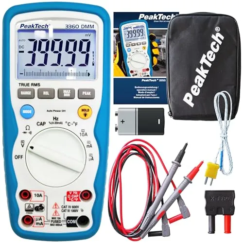 PeakTech Multimeter P 3360 True RMS - Digitales Messgerät für Profis - Multimeter für Elektroinstallation mit True RMS, IP67 wasserdicht, berührungslose Spannungsanzeige und Temperaturmessung bis 1000°C - ideal für den professionellen Einsatz.