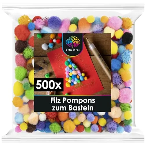 OfficeTree 500 Bunte Pompons zum Basteln Mix - Filzkugeln Bunt verschiedene Größen - Pompoms zum Basteln für Kinder und Erwachsene - Dekorieren Verzieren Nähen DIY