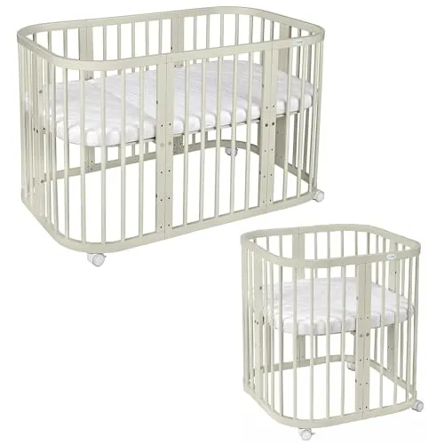 Waldin Babybett 7in1 aus Holz - Gitterbett mitwachsend, inklusive Matratze, belüftete Einlegeplatte und 4 feststellbare Rollen für einfache Mobilität, ideal ab Geburt