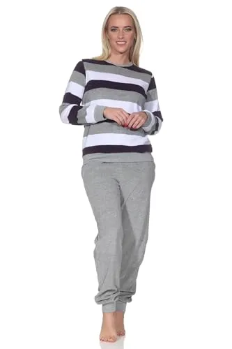 Normann Damen Langarm Schlafanzug in Blockstreifenoptik - Farbe: Lila, Größe: 40-42 - Eleganter Langarm Pyjama mit Bündchen für optimalen Tragekomfort. Ideal als Homewear oder Nachtwäsche. Erhältlich in Übergrößen, 60°C waschbar und Trocknergeeignet. Geprüfte Qualität nach OEKOTEX STANDARD 100.