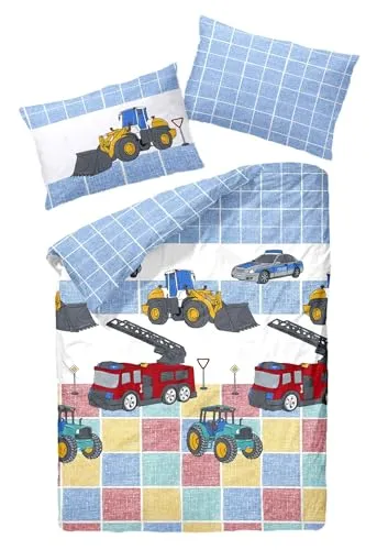 JACK Kinder Renforce Baby Bettwäsche 2 TLG. 100x135cm Autos Fahrzeuge Feuerwehr Polizei Traktor Radlader Bunt Reißverschluss