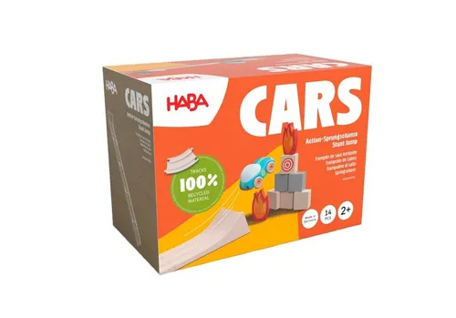 HABA Cars Action-Sprungschanze - 15-teiliges Set aus recyceltem Holz und Kunststoff, batteriefreies Auto mit starkem Schwungmotor für Kinder ab 2 Jahren