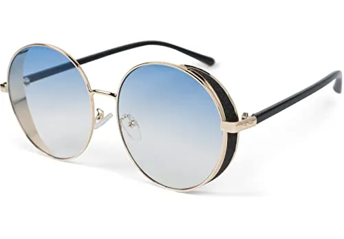 styleBREAKER Damen Runde Sonnenbrille mit getönten Polycarbonat Gläsern und Glitzer Side Shield, Metall Rahmen 09020120, Farbe:Gestell Gold/Glas Blau Verlauf