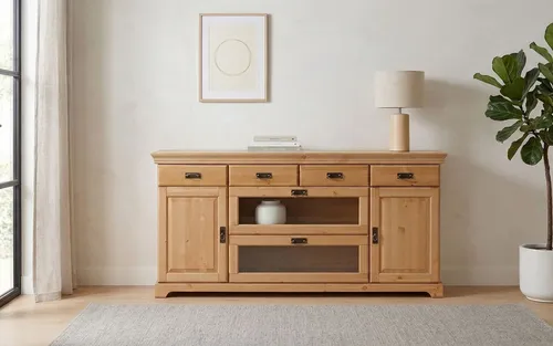 Home affaire Sideboard Rügen, Kommode aus massiver Kiefer - Kommode in 180 cm Breite aus FSC®-zertifiziertem, massivem Kiefernholz, pflegeleicht und mit viel Stauraum dank verstellbarem Boden und Schubkästen. Ideal für ein stilvolles und nachhaltiges Zuhause.