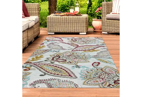 TeppichHome24 Outdoorteppich mit Blumenmuster in Creme und Grau - Strapazierfähiger Outdoorteppich in rechteckiger Form, ideal für drinnen und draußen. Pflegeleicht und hautsympathisch, bringt er mit seinem Blumenmuster frische Farbe in jeden Raum.