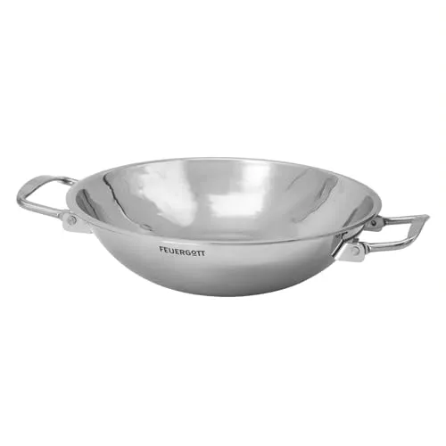 FEUERGOTT Wok Pfanne Edelstahl Ø 30 cm mit abklappbaren Griffen, runder Boden, spülmaschinengeeignet, für Gasgrill, Gasherd, Induktion