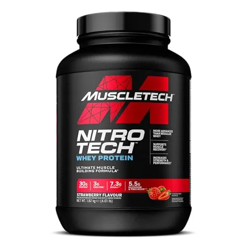 Muscletech Performance Series Nitro-Tech - Molkenprotein-Mischung für Muskelaufbau - Protein Shakes & Muskelaufbau, hochwertige Molkenprotein-Mischung für optimalen Muskelaufbau, köstlicher Strawberry-Geschmack, 4lbs.